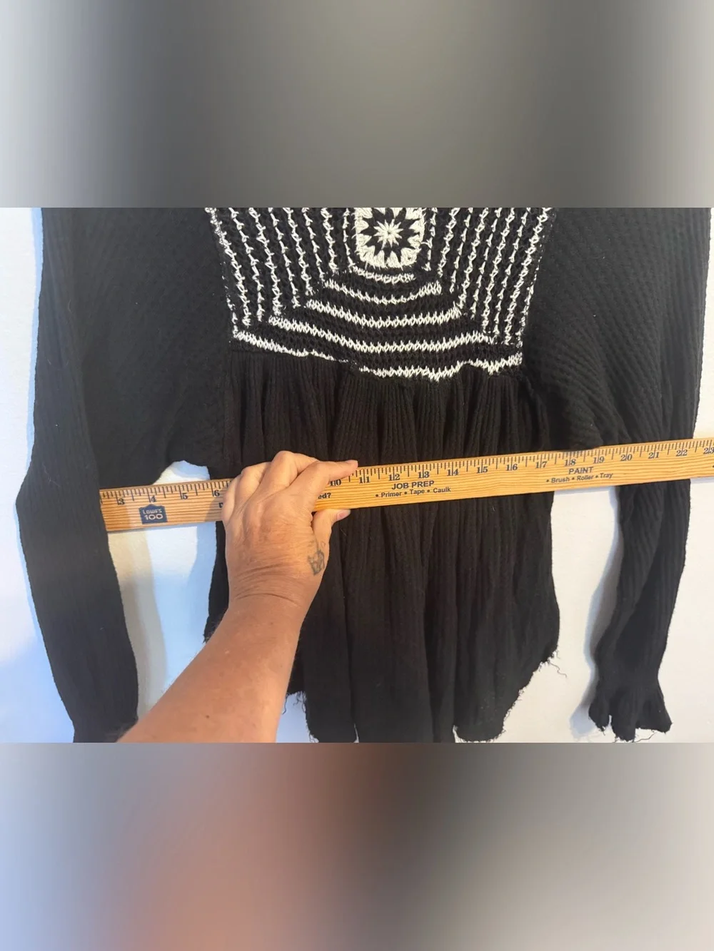 Free People Black & White Crochet Yoke Long Sleeve Top XS
